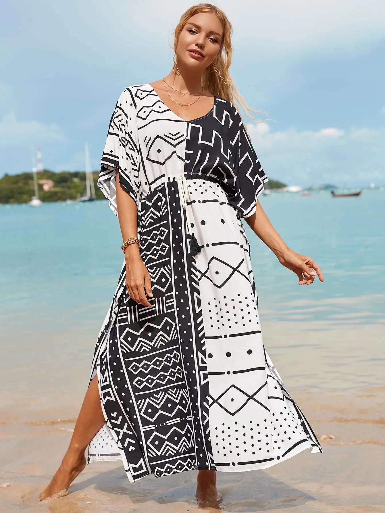 kaftan summer dresses tribal tassel strings waist black white s 3xl