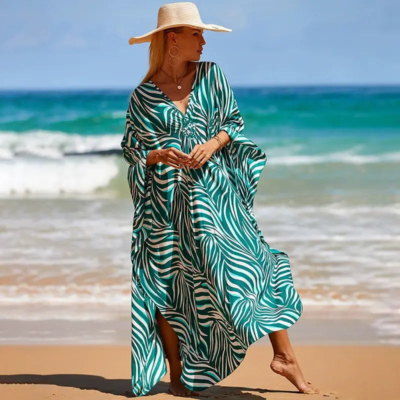 kaftan summer dresses braided v-neck green leaf S to 3XL