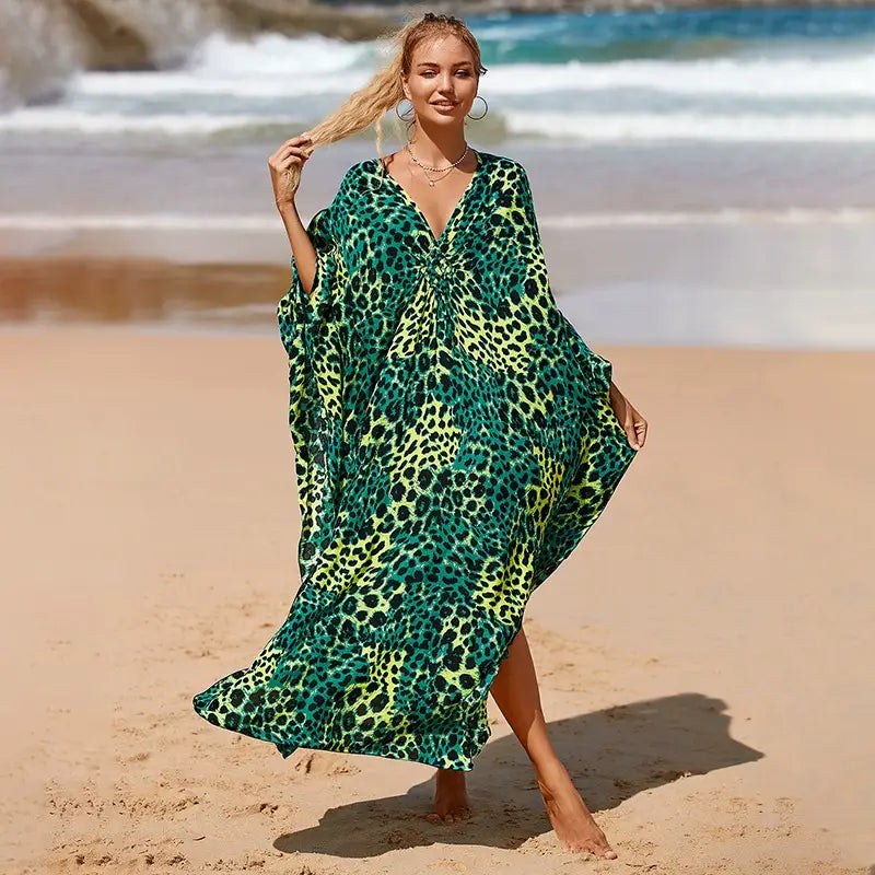 kaftan summer dresses braided v neck green leopard s to 3xl