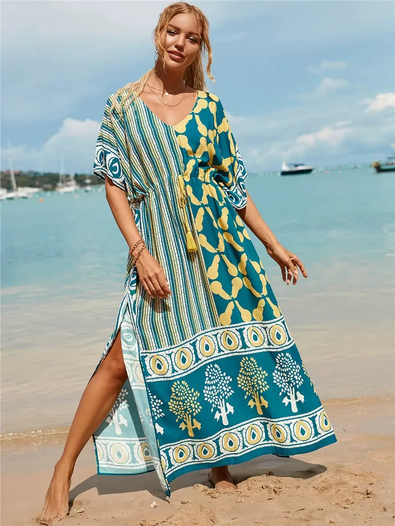 kaftan summer dresses tassel strings waist green s 3xl