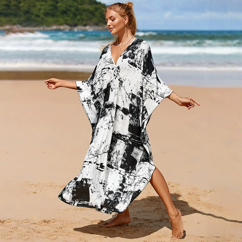 Kaftan Summer Dresses Braided V-Neck, Black Abstract, S to 3XL