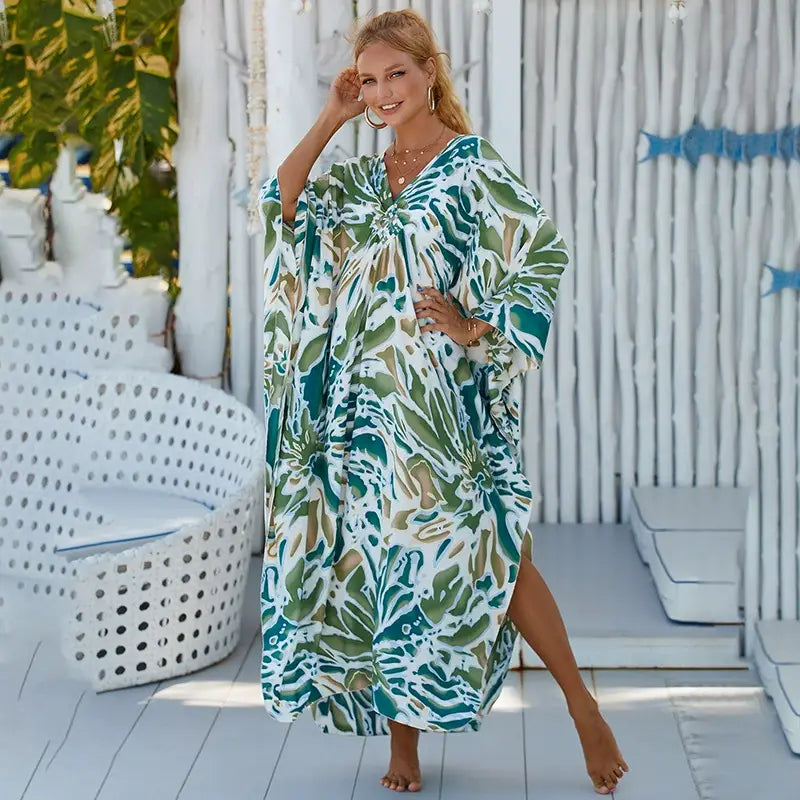 Kaftan Summer Dresses Braided V-Neck, Green-Abstract, S-3XL