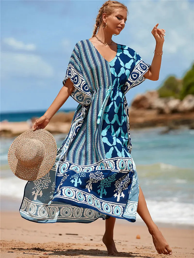 kaftan summer dresses tassel strings waist blue s-3xl