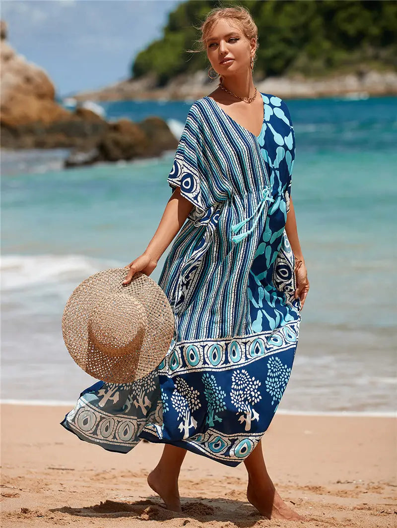 kaftan summer dresses tassel strings waist blue s-3xl