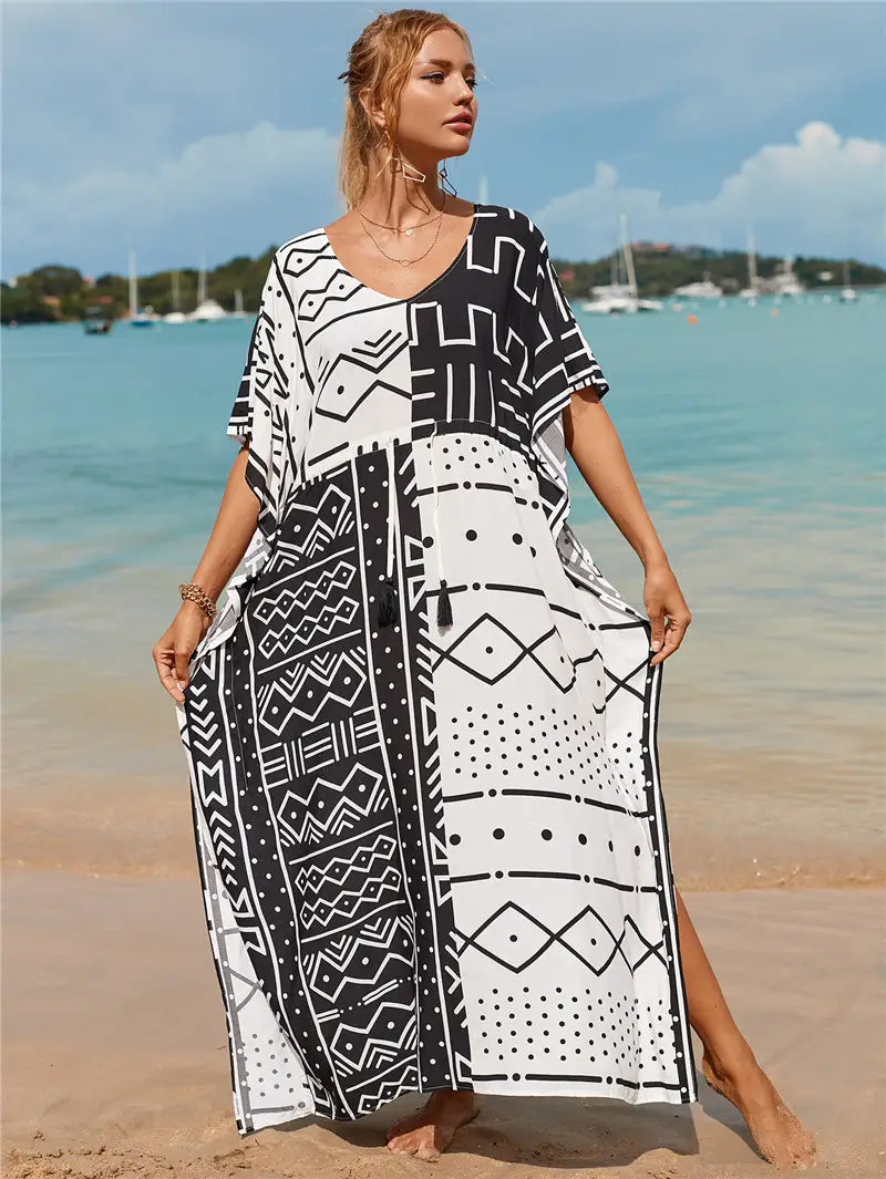 kaftan summer dresses tribal tassel strings waist black white s 3xl