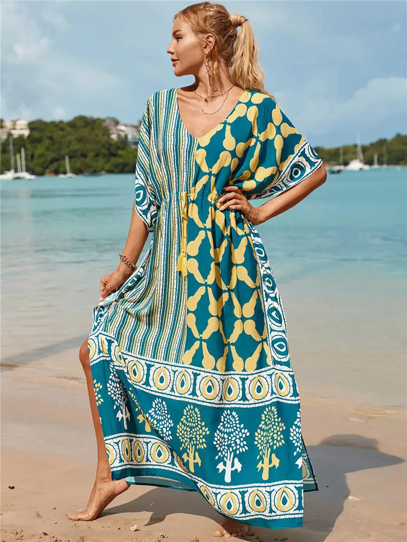 kaftan summer dresses tassel strings waist green s 3xl