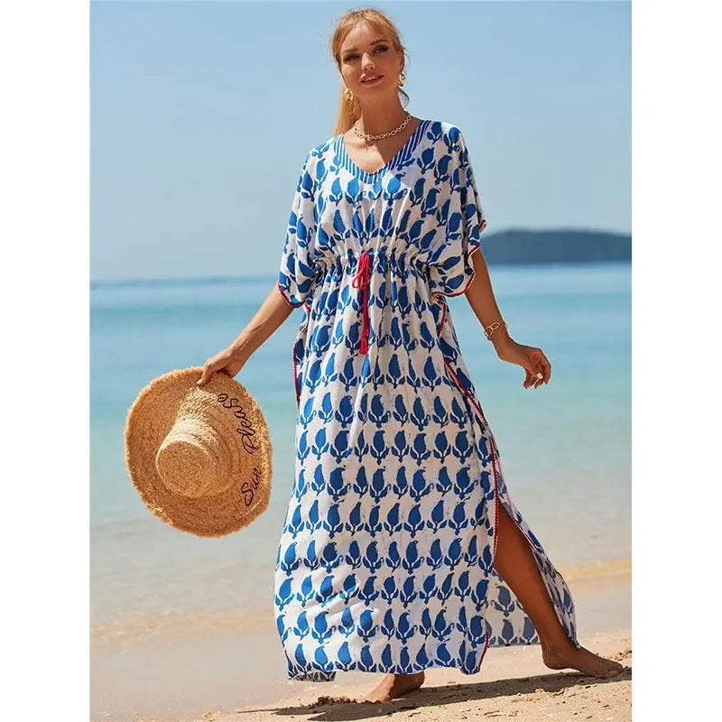 kaftan summer dresses tassel strings waist blue leaf s to 3xl
