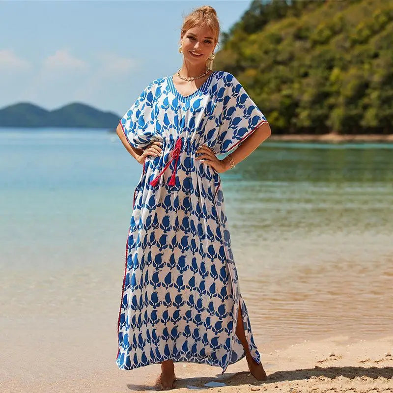 kaftan summer dresses tassel strings waist blue leaf s to 3xl