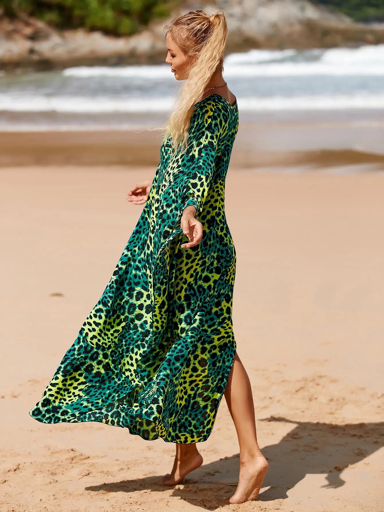 kaftan summer dresses braided v neck green leopard s to 3xl