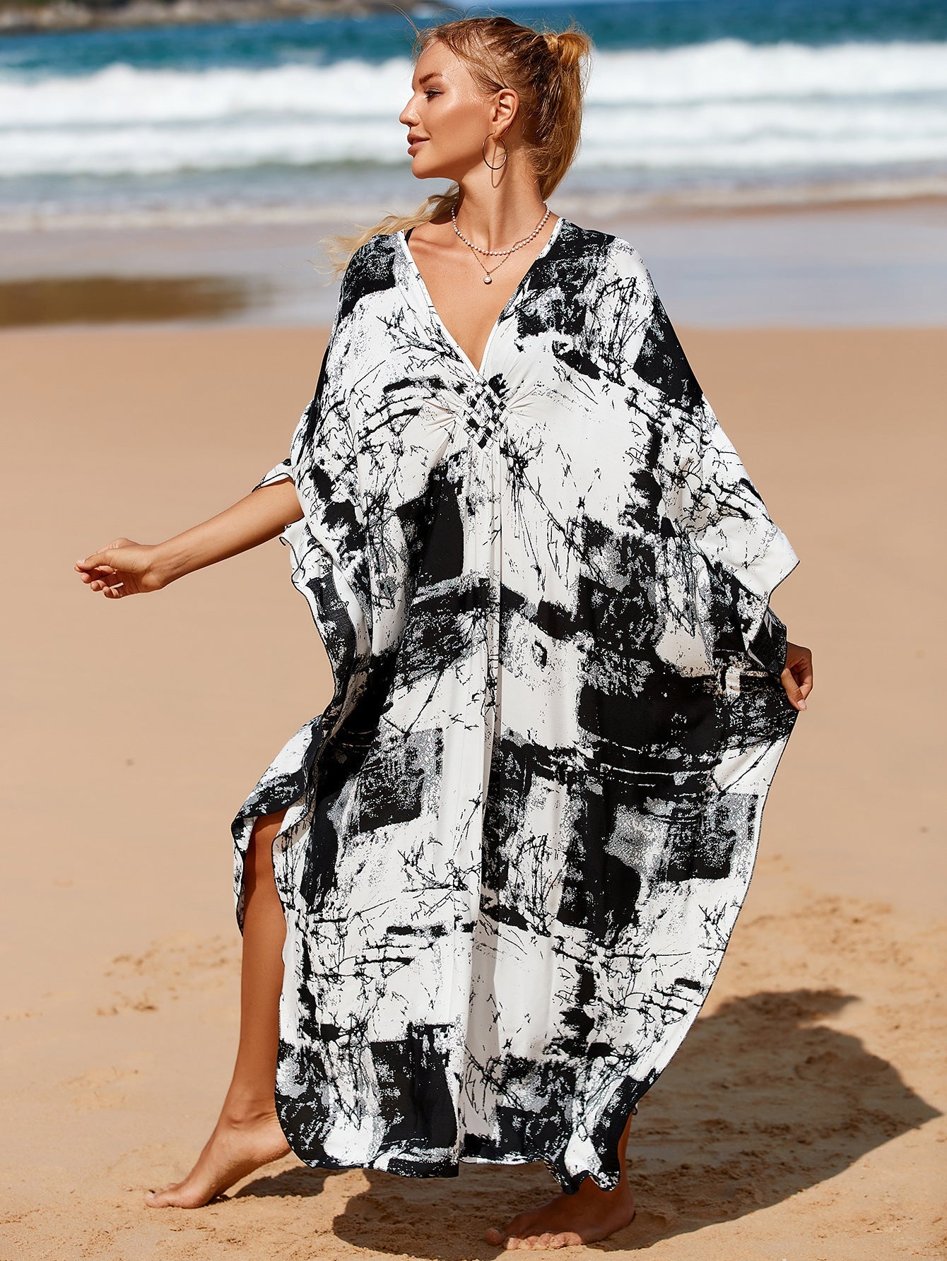 Kaftan Summer Dresses Braided V-Neck, Black Abstract, S to 3XL
