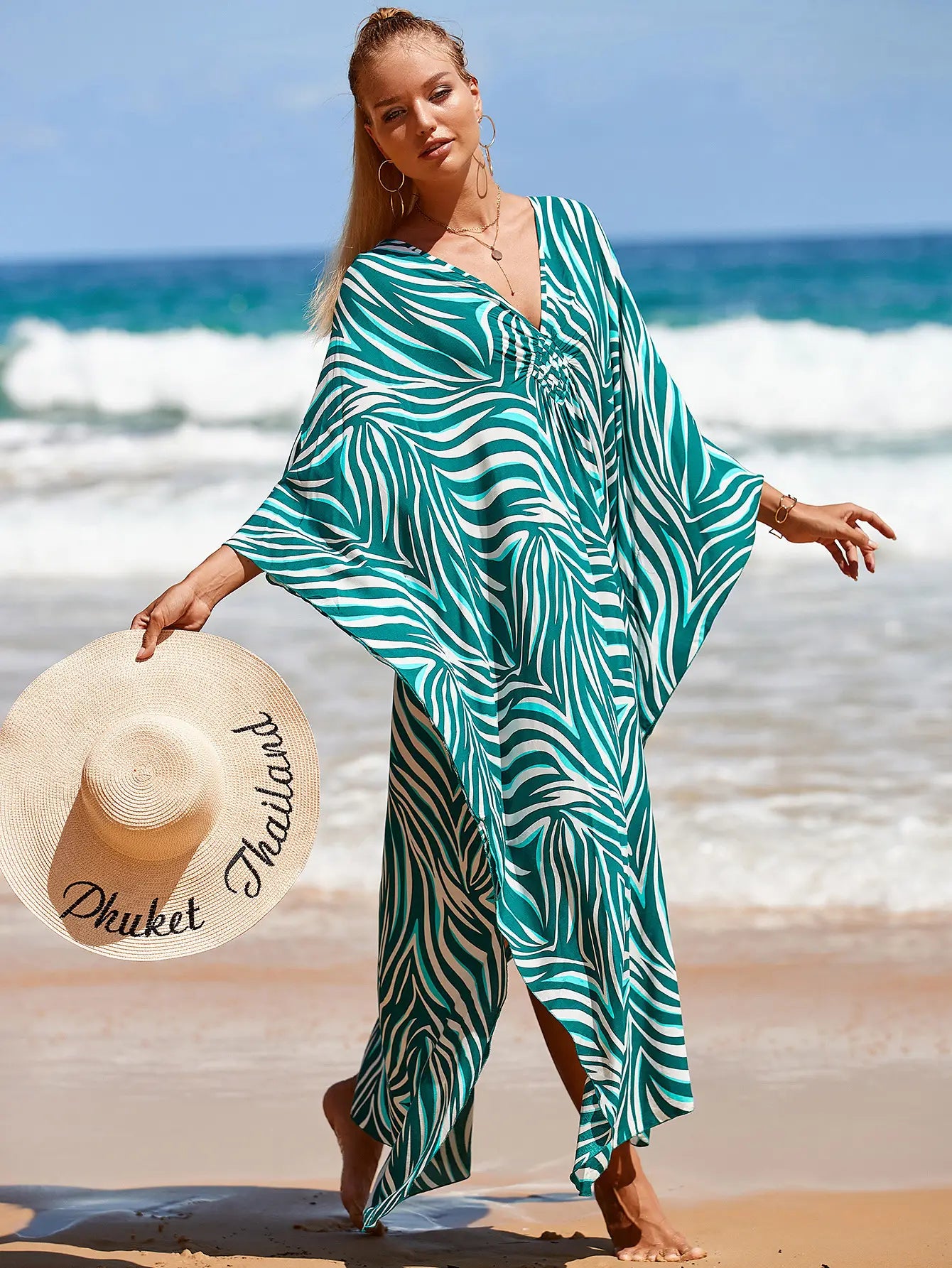 kaftan summer dresses braided v-neck green leaf S to 3XL