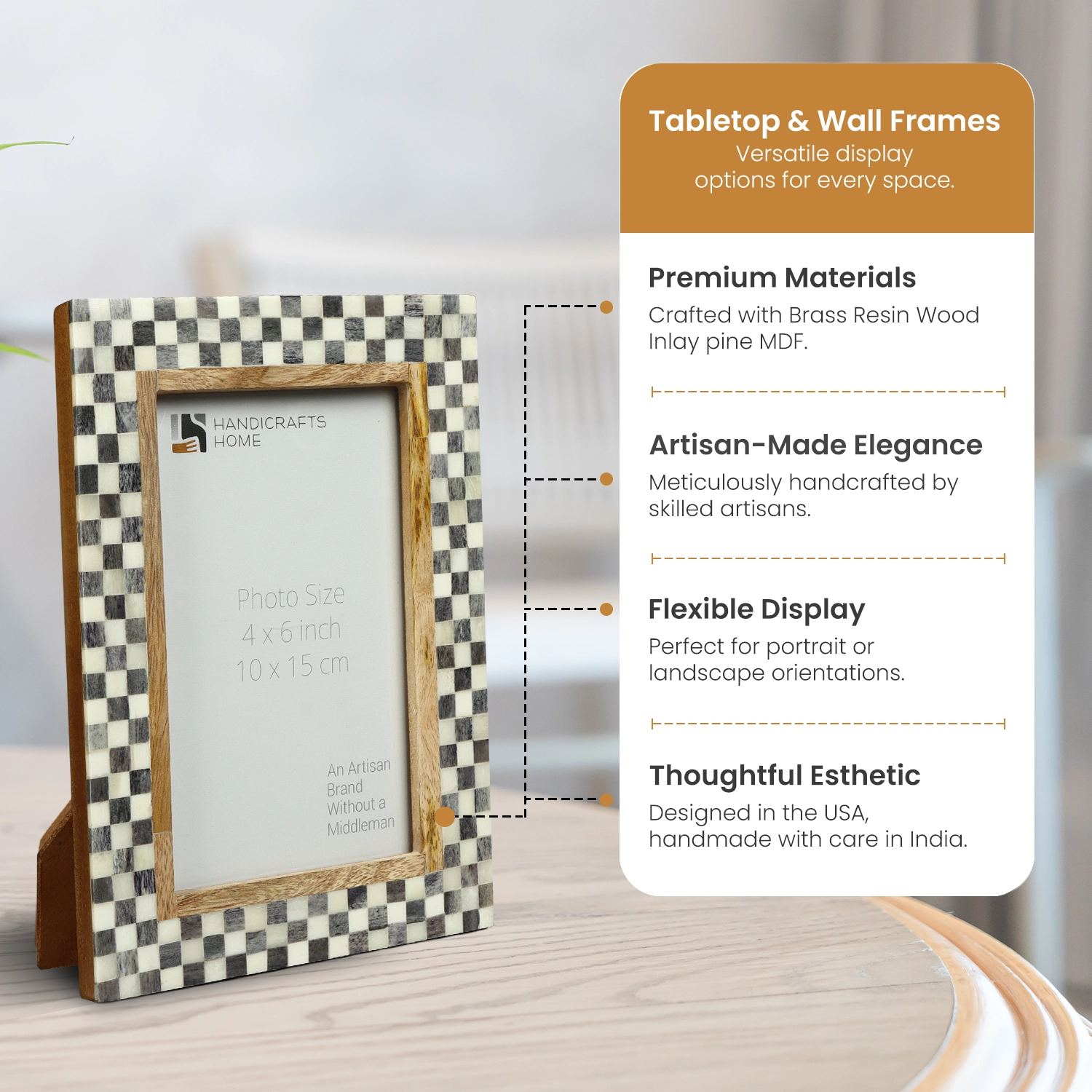 Picture Frame Halo Pixel Pattern Collection Resin Inlay & Brass Grey & White – 4x6"
