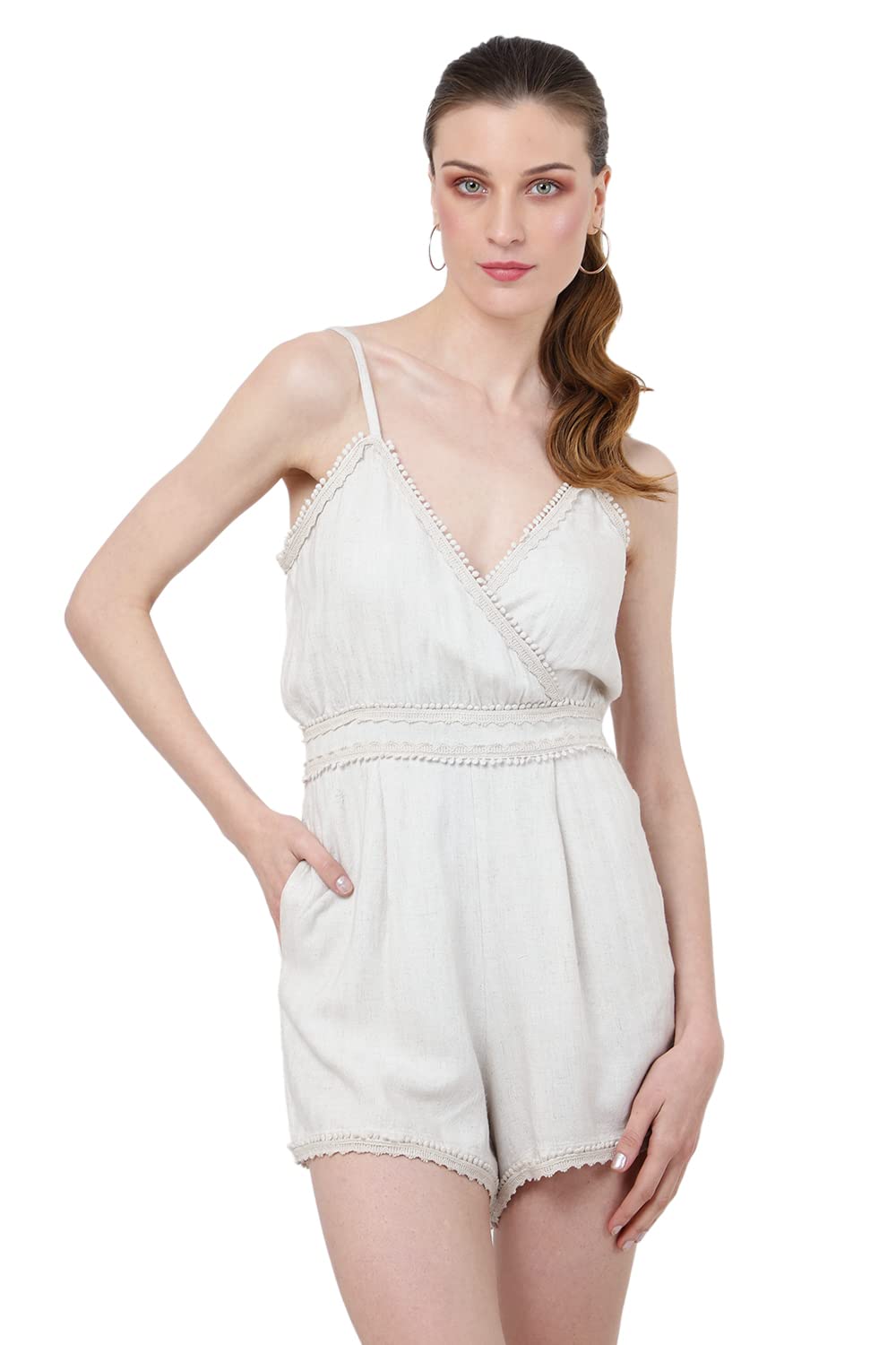 White Boho Cami Romper – Lace Trim V-Neck Summer Playsuit with Pockets S to 2XL
