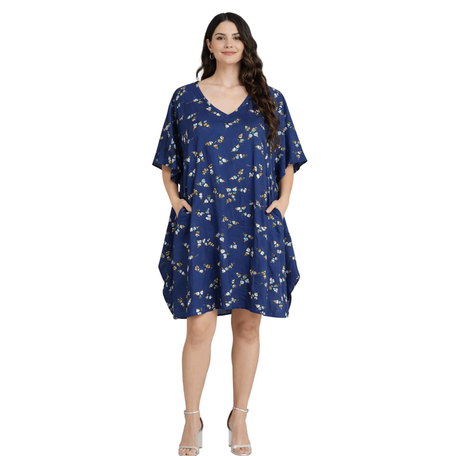 Women’s Short Kaftan Dress – Plus Size Polyester Tunic V-Neck Mini Beach Cover-Up, Summer Swimwear & Bikini Cover-Up