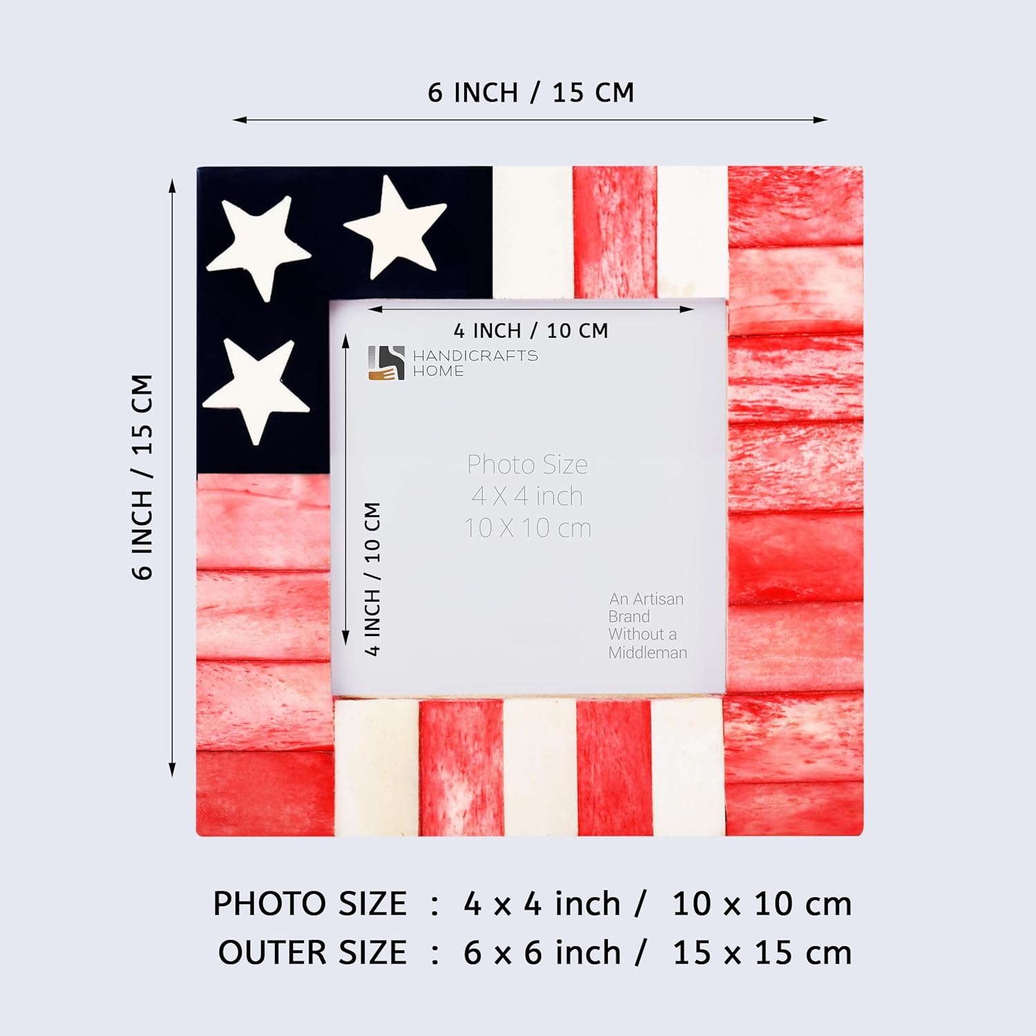 Square Baby Picture Frame USA American-Flag Pattern Bone & Resin Inlay, 4" x 4"