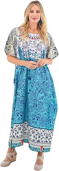 Tropical Print Polyester Kaftan Dress with Pockets & Side Slits -AQUA-JEWEL