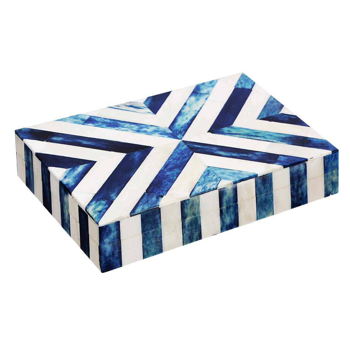 Handmade Chevron Bone Inlay Decorative Box - Blue & White - 8×5x1.5", for jewelry and keepsake storage