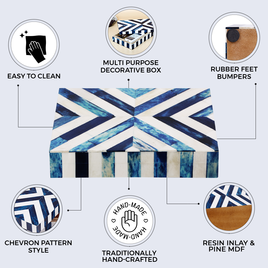 Chevron Bone Inlay Decorative Box | Blue & White | 8×5x1.5"