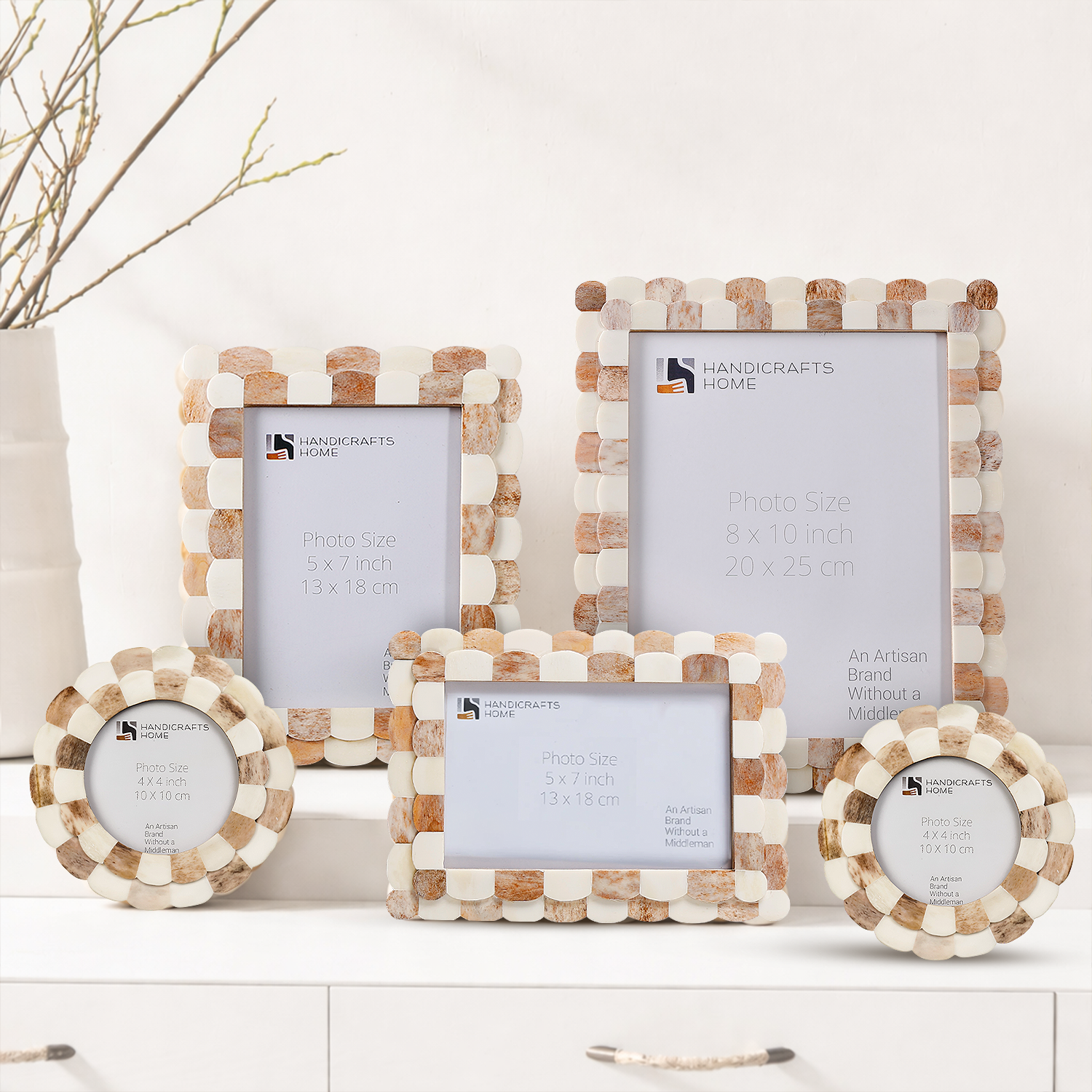 Picture Frame Set of 5 Scalloped Pattern Collection Bone Inlay – Brown & White