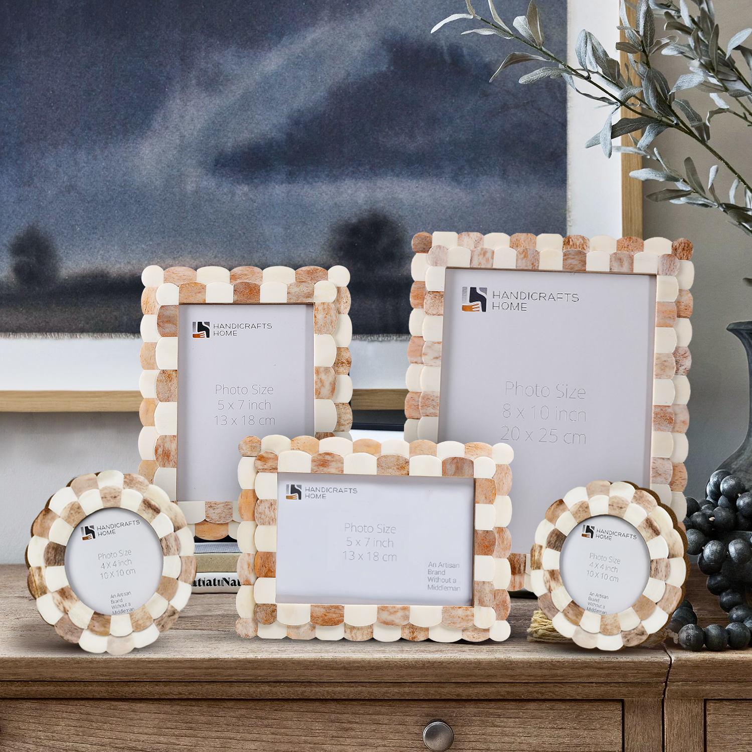 Picture Frame Set of 5 Scalloped Pattern Collection Bone Inlay – Brown & White
