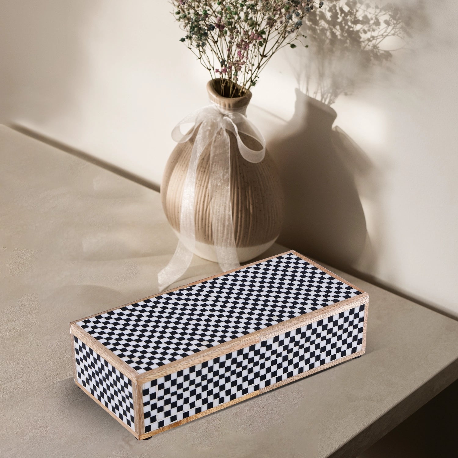 Decorative Storage Box Classic Checkered Pattern Resin Inlay, Black-White,  7 Sizes