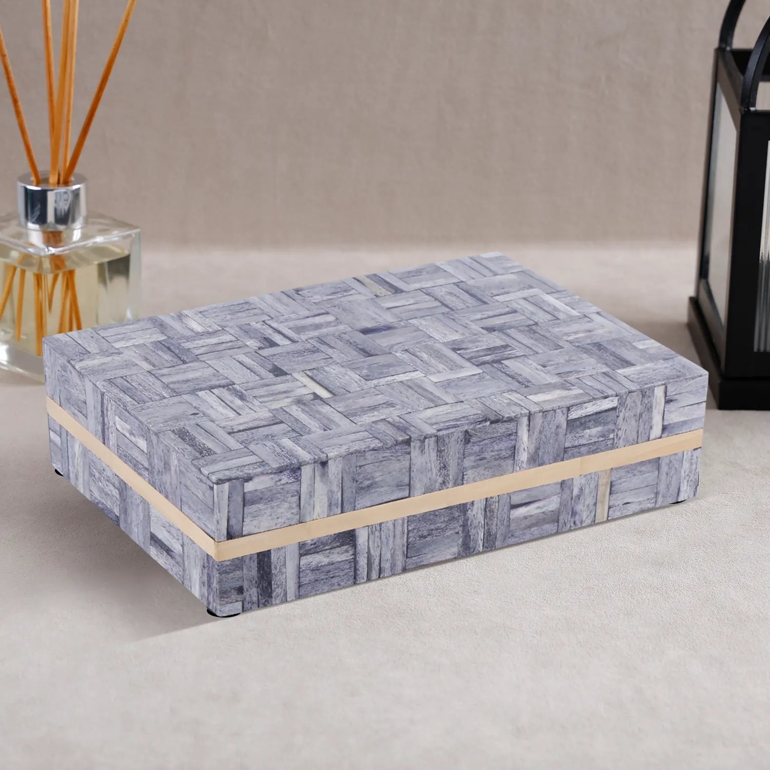 Decorative Storage Box Brick Pattern Bone Inlay Grey & Brown in 3 Sizes