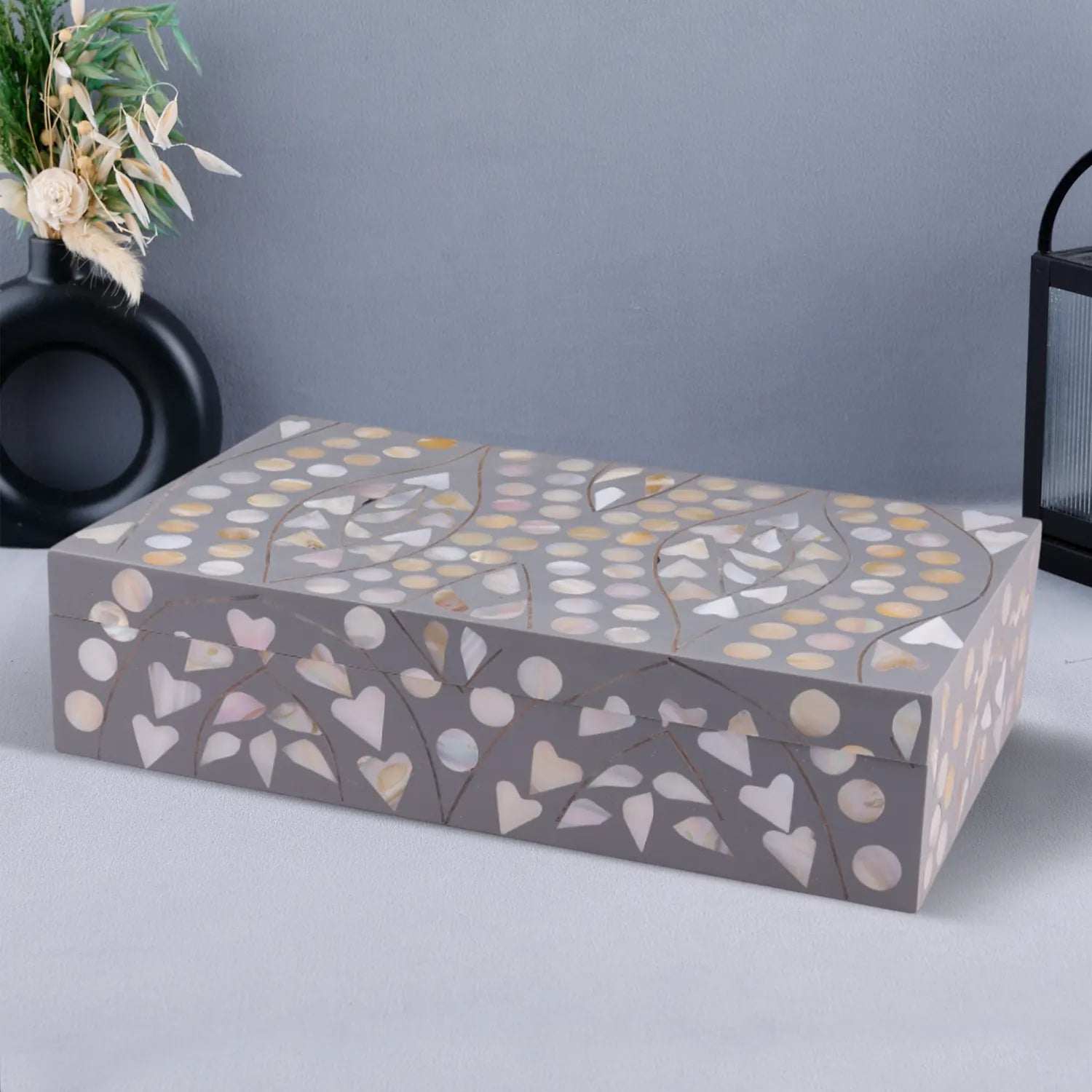 Decorative Storage Box Polka Prism Collection Mother of Pearl & Resin Inlay Grey – 10x6"