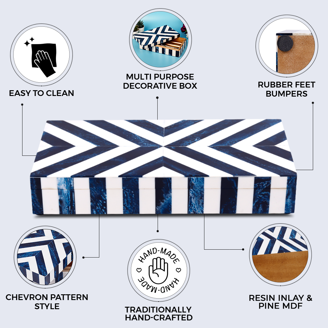 Decorative Box Chevron Pattern Resin Inlay blue white available in 6 sizes