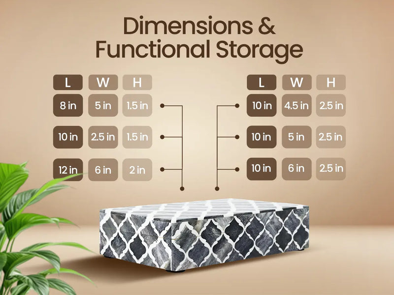 Size Chart for Moroccan Grey & White Resin & Bone Inlay Decorative Storage Box — (7 Sizes)
