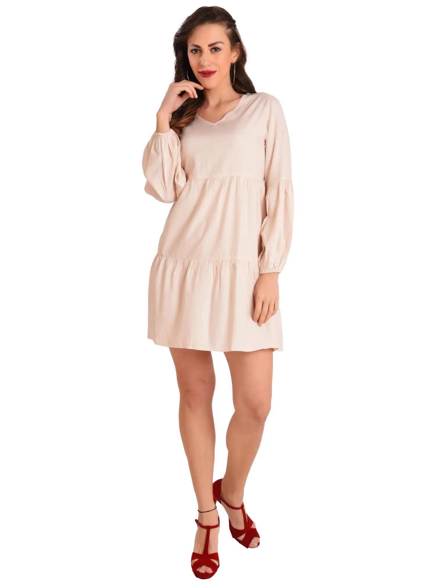 long sleeves v neck dress beige available in 11 colors S to 2XL