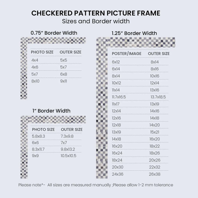 Size Chart for Checkered Grey White Bone Inlay Poster Frames, 20 Sizes