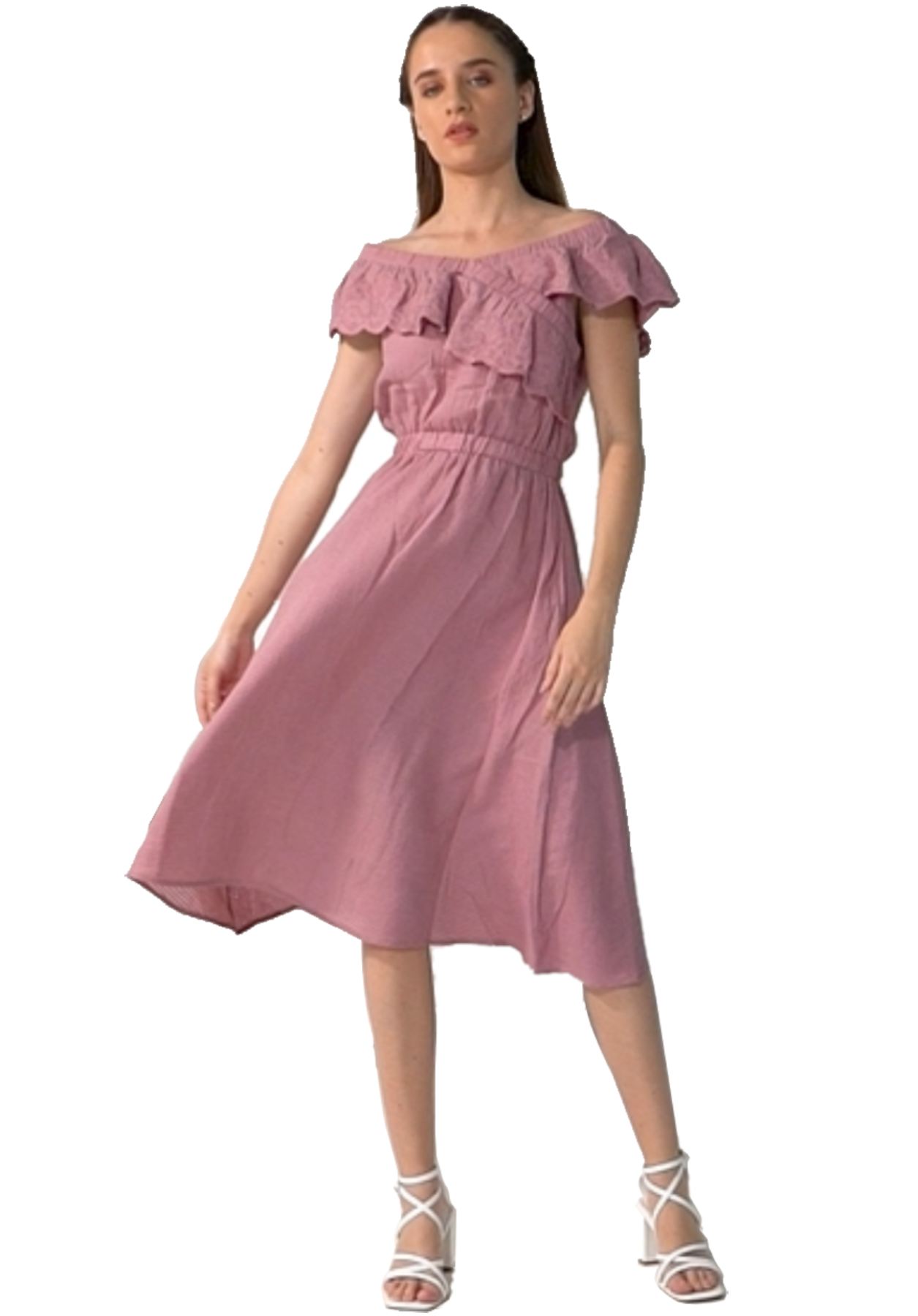 Women's Midi Dress with Embroidery, Lace Inserts & Zipper Dusky Pink XS to 3XL