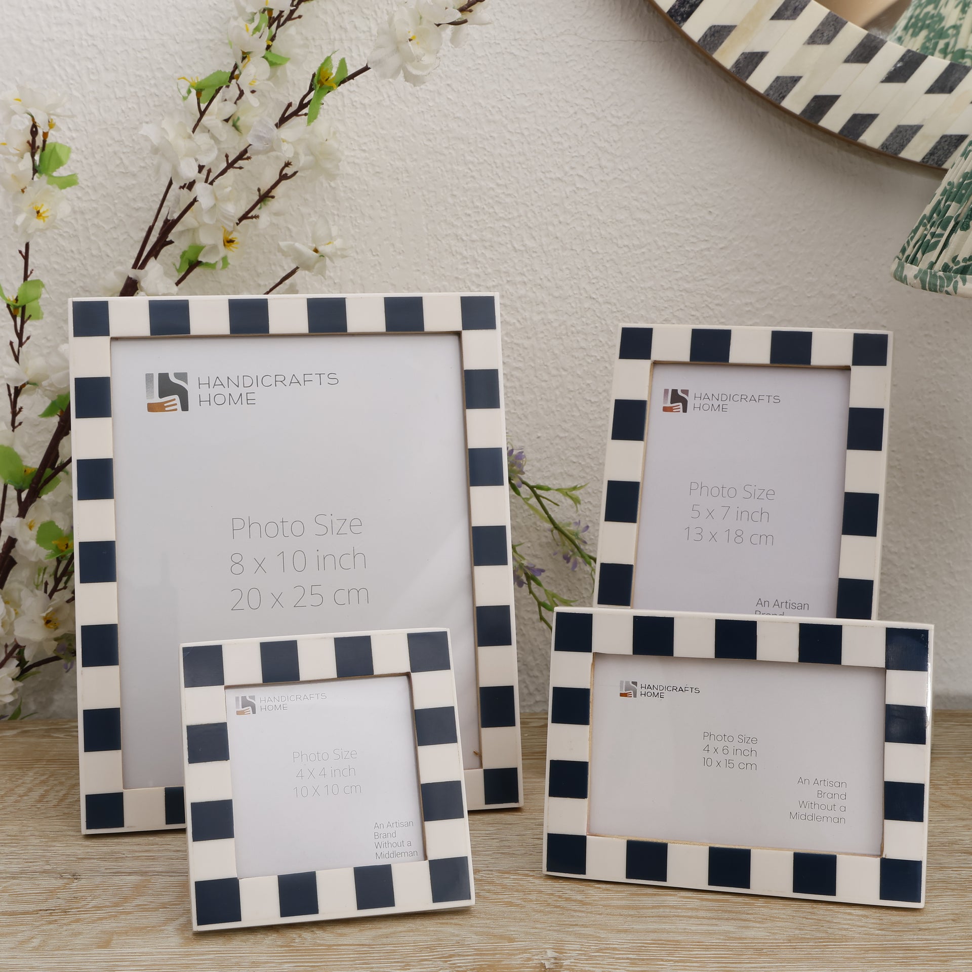 Navy White Checkered Resin Inlay Frame Set 4 Mixed Sizes