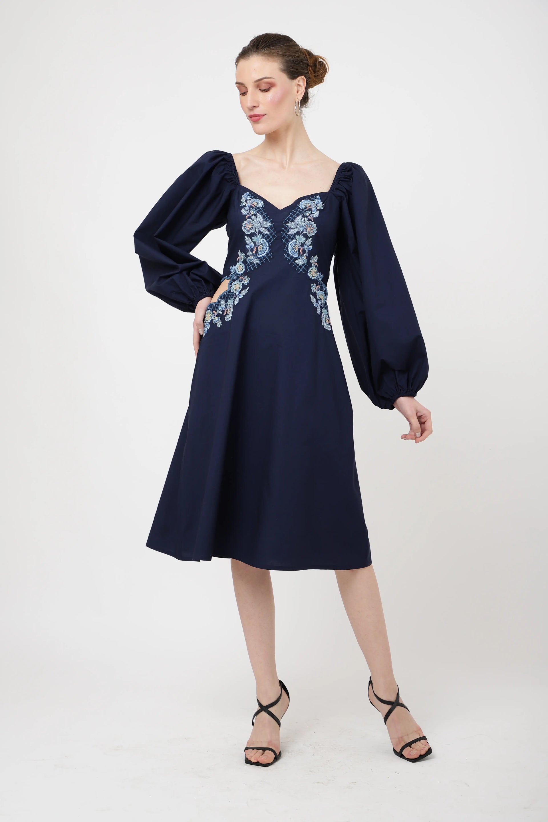 tonal embroidered midnight casual midi dress blue & Red s to xl