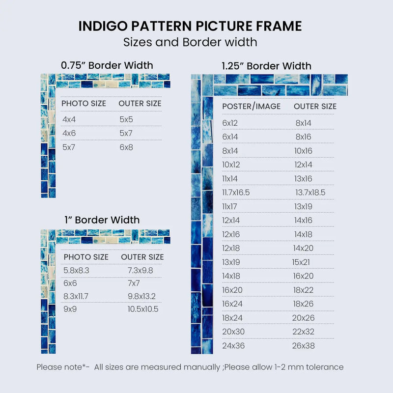 Size Chart for Picture Frame Indigo Mosaic Collection Bone Inlay - Blue, 4x6 & 5x7