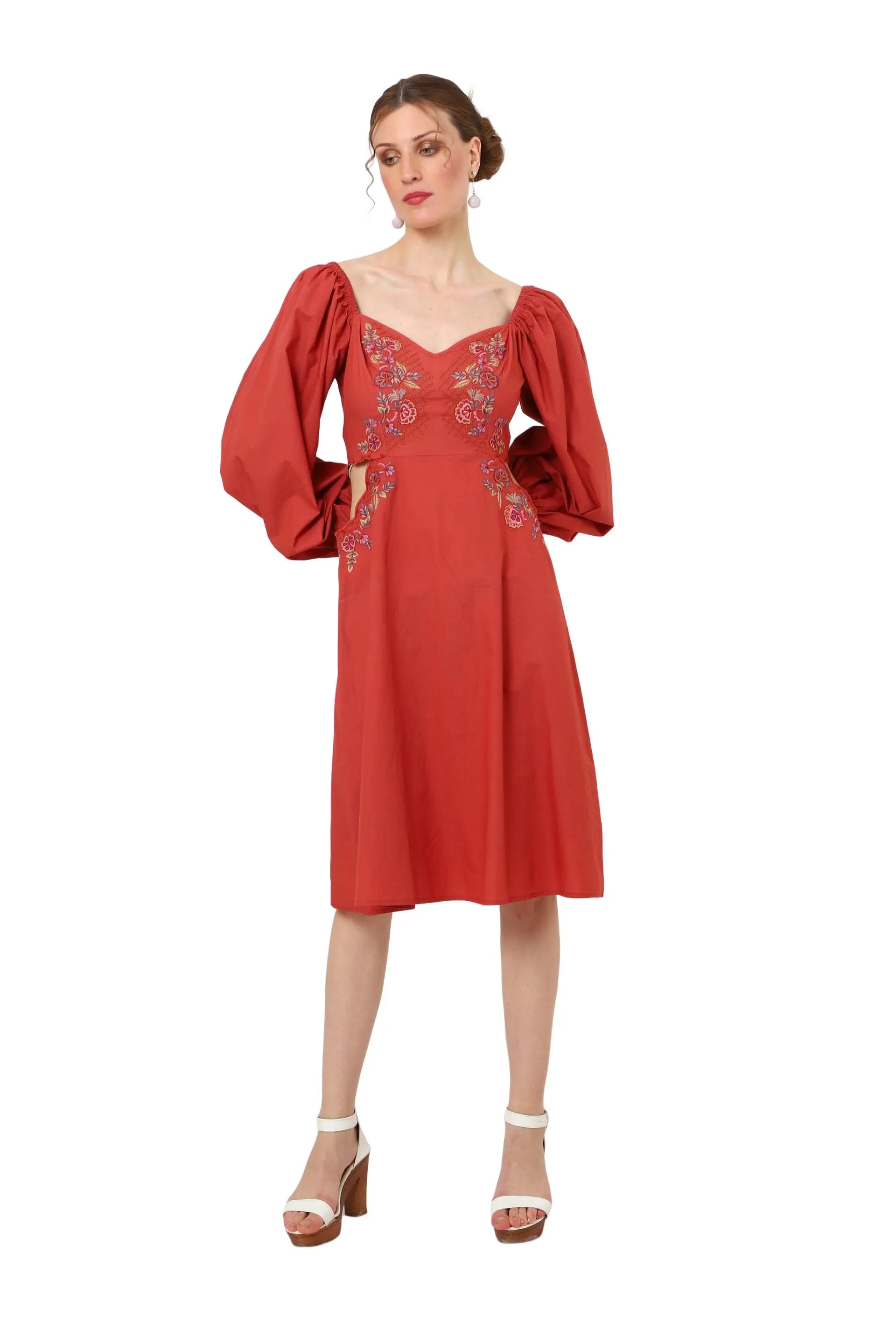 womens casual dresses placement embroidery cut out detail at the waist Red & Blue s to xl