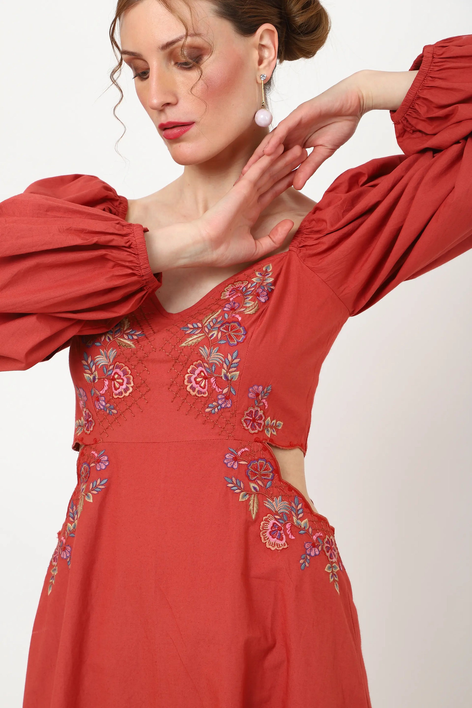 womens casual dresses placement embroidery cut out detail at the waist Red & Blue s to xl