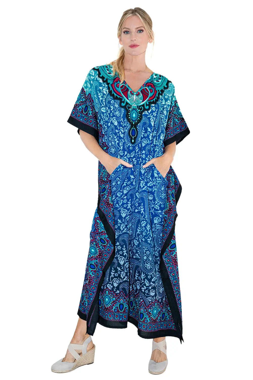 Paisley Floral Print Polyester Kaftan Dress with V Neck & Pockets, 4 Colors,