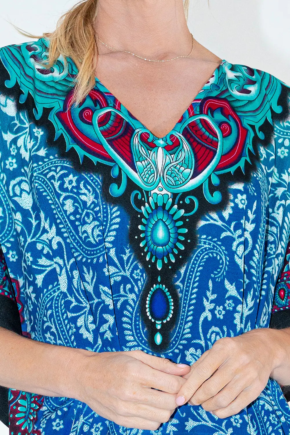 Paisley Floral Print Polyester Kaftan Dress with V Neck & Pockets, 4 Colors,