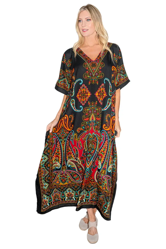 Paisley Floral Print Polyester Kaftan Dress with V Neck & Pockets, 4 Colors