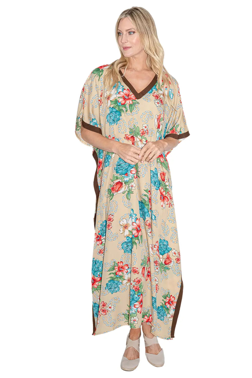 Floral Print Polyester Kaftan Dress with Contrast V Neck & Side Slits