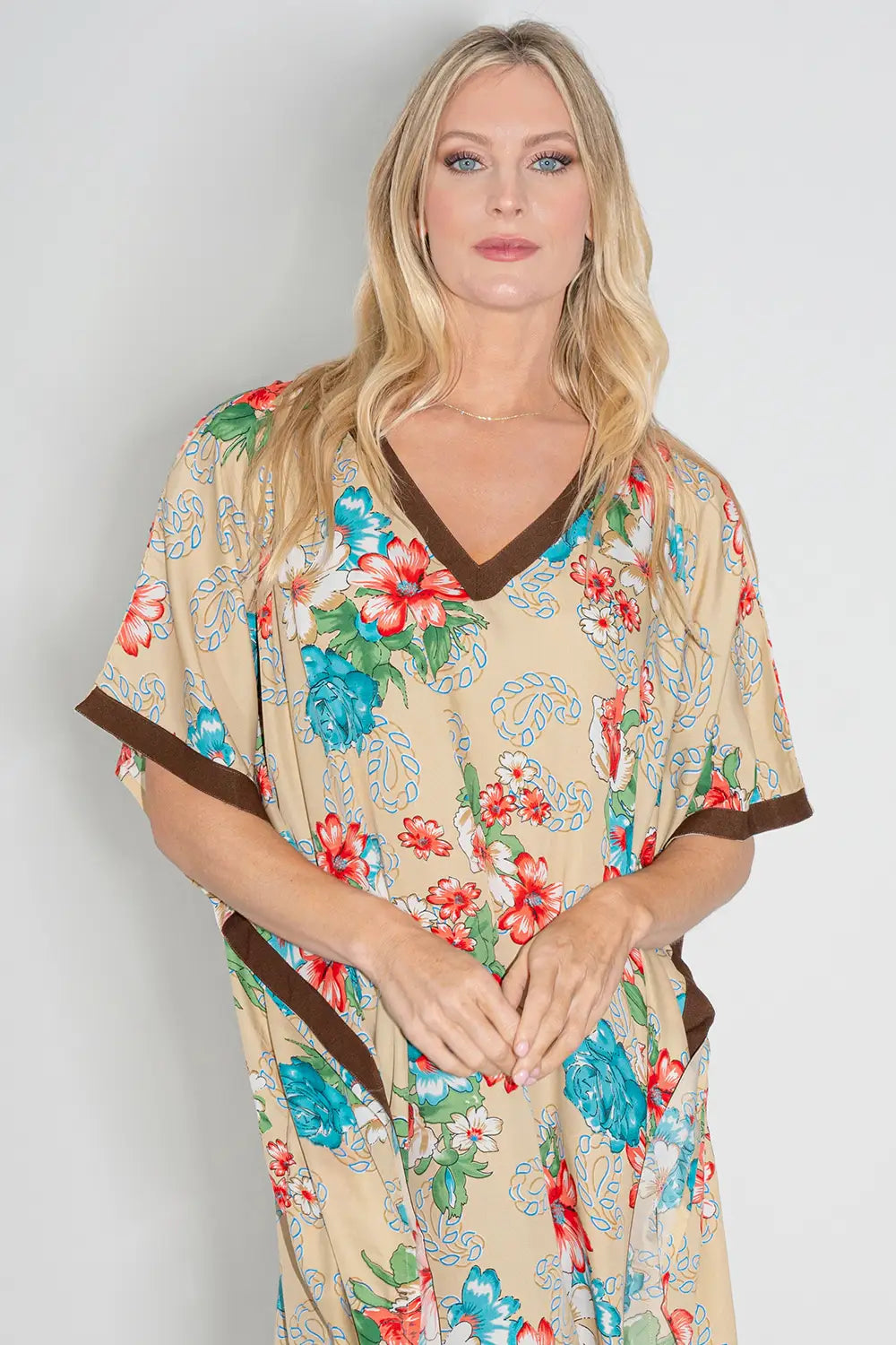 Floral Print Polyester Kaftan Dress with Contrast V Neck & Side Slits