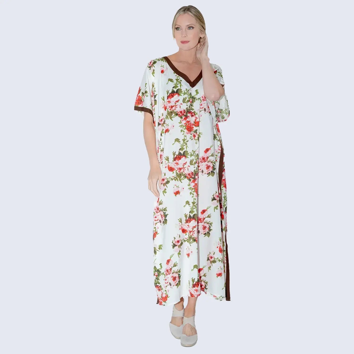 Floral Print Polyester Kaftan Dress with Contrast V Neck & Side Slits
