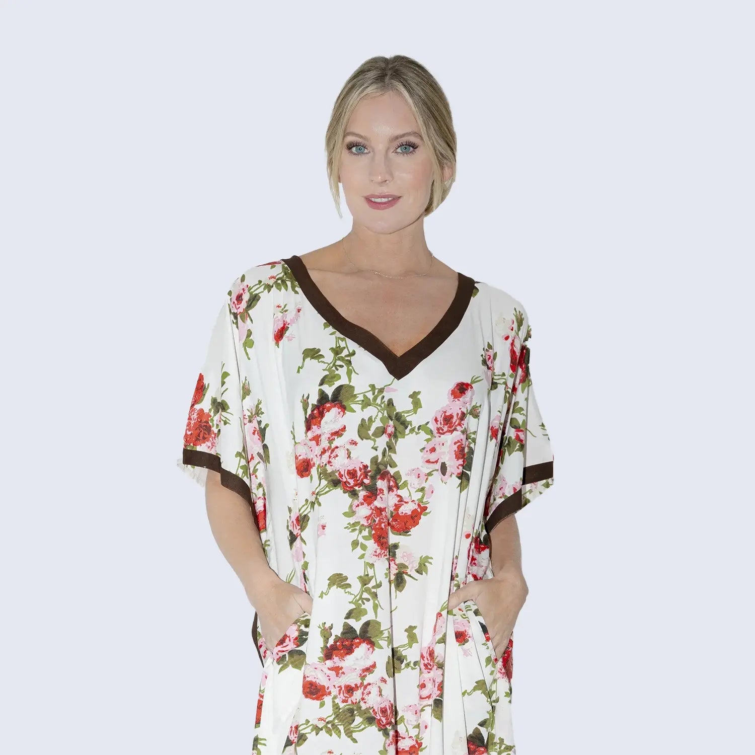 Floral Print Polyester Kaftan Dress with Contrast V Neck & Side Slits