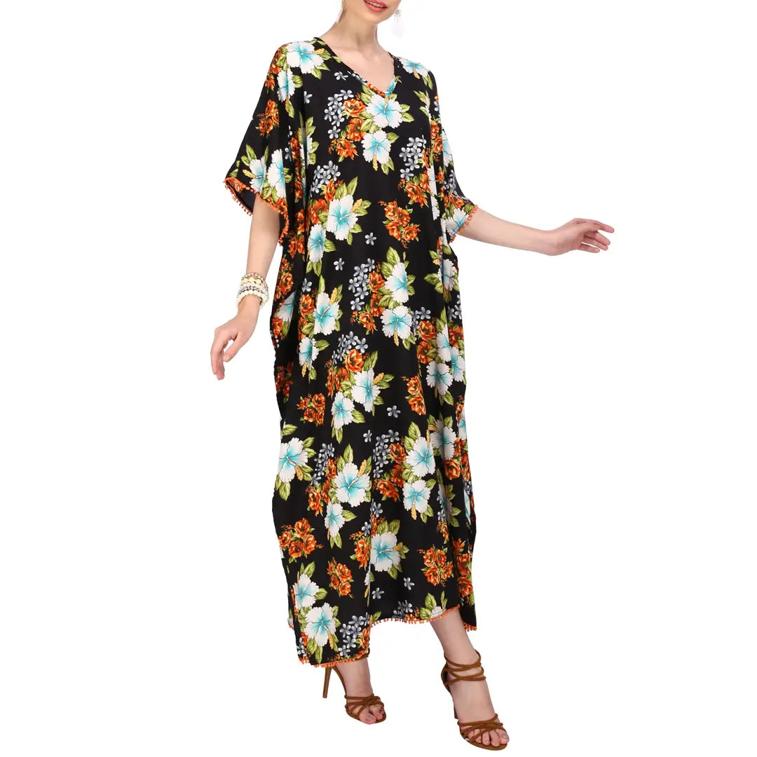 Floral Print Polyester Kaftan Dress with Contrast V Neck & Side Slits