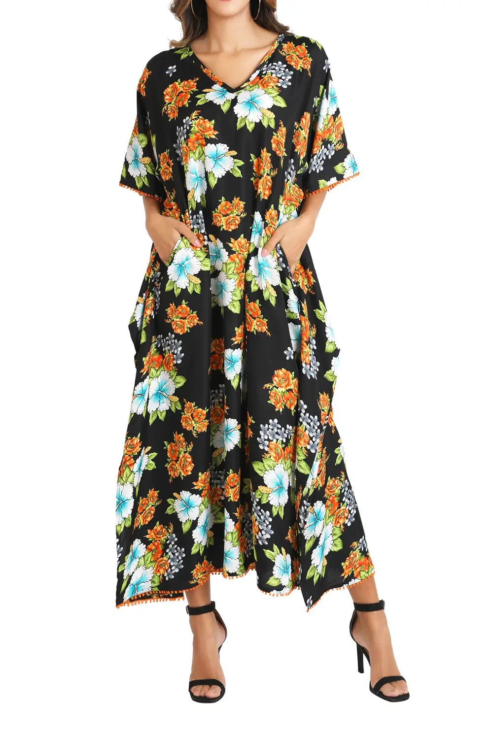 Floral Print Polyester Kaftan Dress with Contrast V Neck & Side Slits