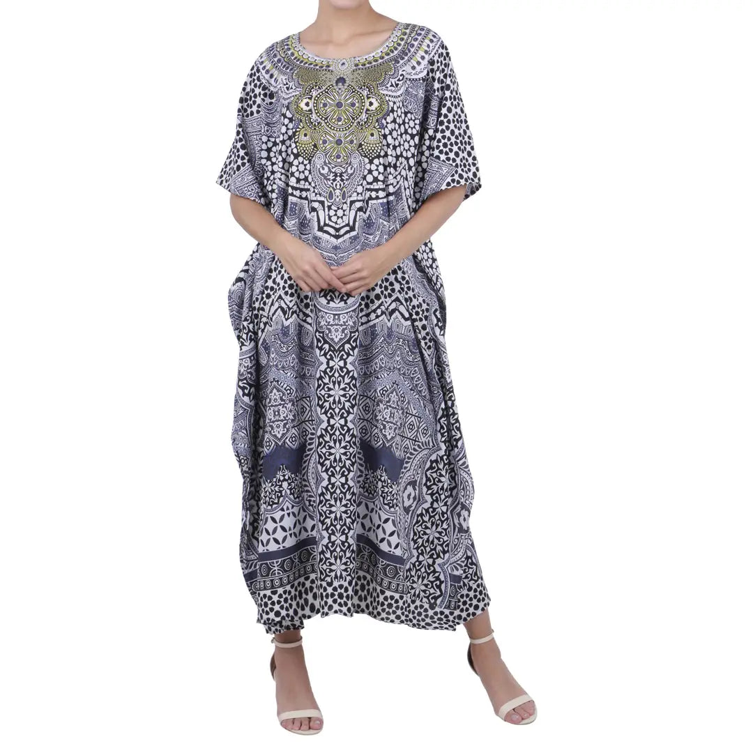 Ethnic Print Polyester Kaftan Dress with V Neck & Side Slits