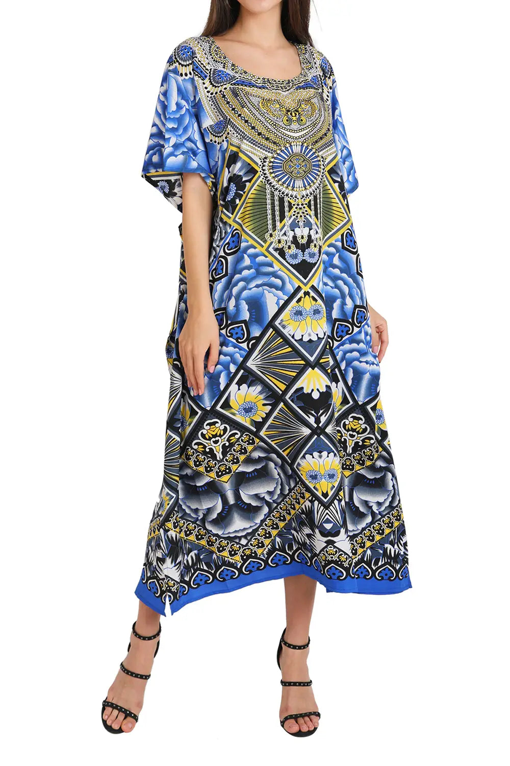 Ethnic Print Polyester Kaftan Dress with V Neck & Side Slits