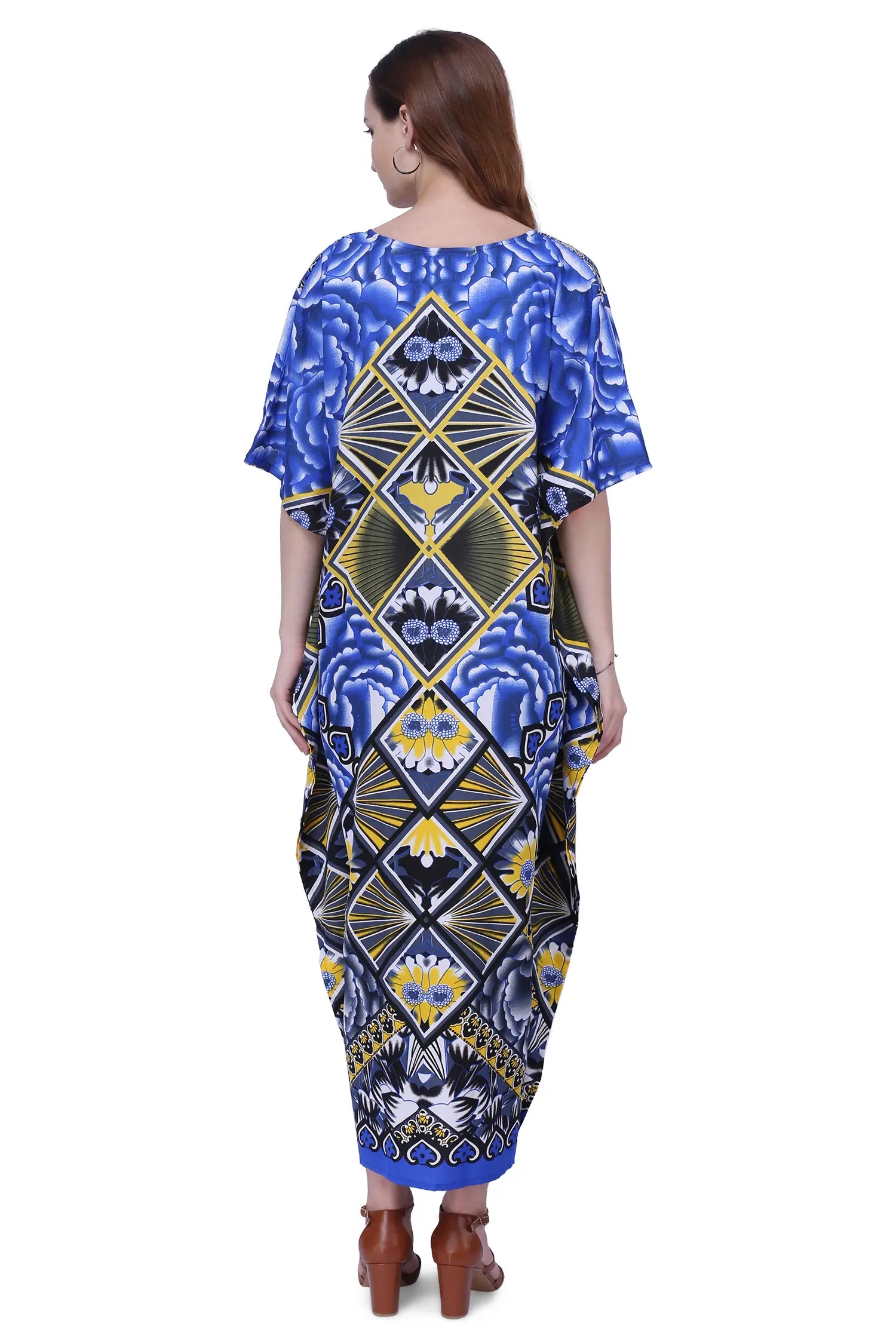 Ethnic Print Polyester Kaftan Dress with V Neck & Side Slits