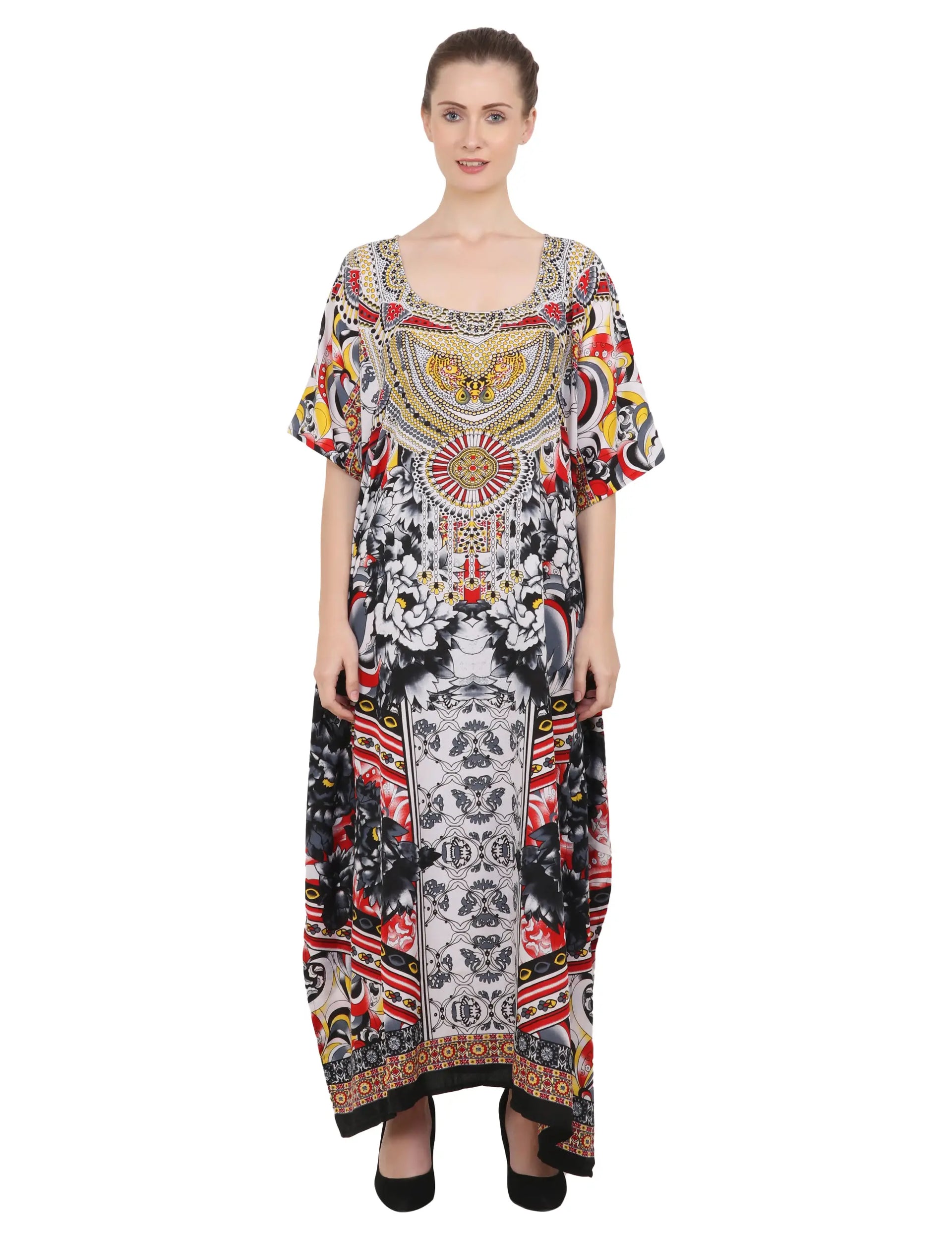 Ethnic Print Polyester Kaftan Dress with V Neck & Side Slits